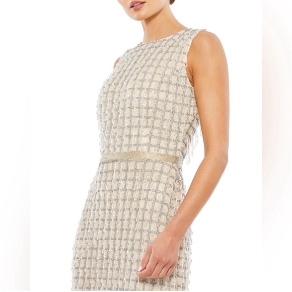 Mac Duggal 5471 Sleeveless High Neck Beaded Midi Sheath Dress NWT Nude - Picture 3 of 11